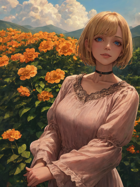 39914-3083702286-(realistic,painting_style,)mature, 1girl, solo,  amelia watson, virtual youtuber,blonde hair, blue eyes, choker, flower, short h.png